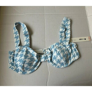 Aqua Swim Bikini Swimsuit Top Blue & White size Medium Houndstooth print NWT